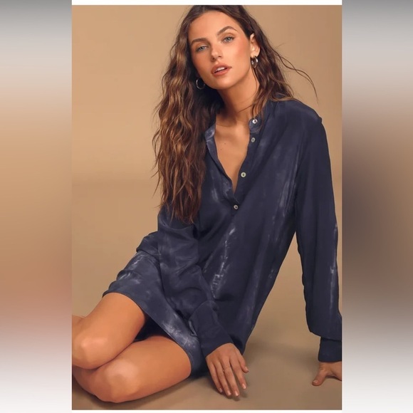 Lulu’s What I Like Navy Blue Tie-Dye Long Sleeve Shirt Dress - Picture 4 of 13
